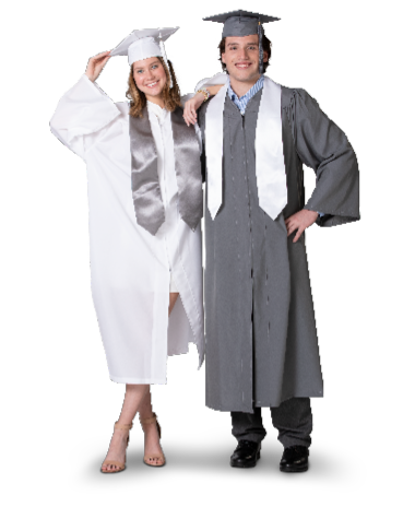 Two graduates in white and grey Herff Jones caps and gowns