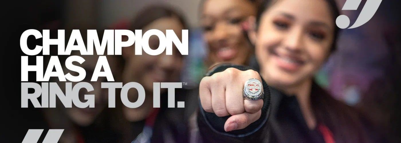 Athletes celebrating and showing a Herff Jones championship ring
