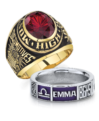 A gold class ring with a red stone and a silver class ring, both custom engraved