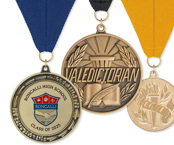 Three Herff Jones academic award medals on blue, black and gold ribbons