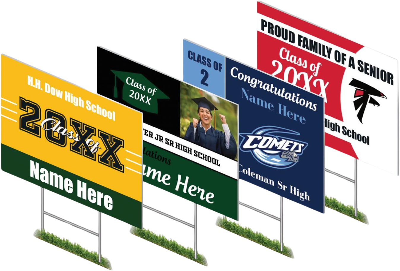 A row of personalized senior and graduate yard signs for different high schools